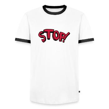 Stop standing remain comic saying - Men's Ringer Shirt - white/black - Front - AI Model Female 172 light (172cm) & AI Model Male 178 dark (178cm)