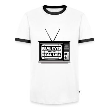 Real Eyes realize Real Lies - Men's Ringer Shirt - white/black - Front - AI Model Female 172 light (172cm) & AI Model Male 178 dark (178cm)