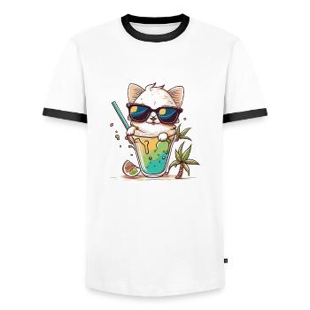 Le chat le plus cool de la plage - T-shirt contrasté Homme - blanc/noir - Devant - AI Model Female 172 light (172cm) & AI Model Male 178 dark (178cm)