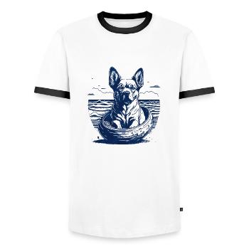 Chien dans un œuf - T-shirt contrasté Homme - blanc/noir - Devant - AI Model Female 172 light (172cm) & AI Model Male 178 dark (178cm)