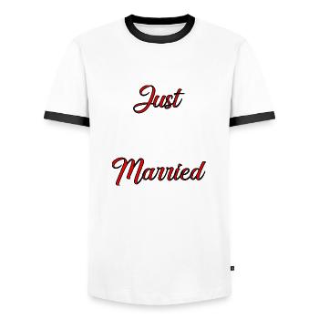GERADE VERHEIRATET. ES LEBE DIE MARIES. Junggesellinnenabschied. - Männer Kontrast-T-Shirt - Weiß/Schwarz - Vorne - AI Model Female 172 light (172cm) & AI Model Male 178 dark (178cm)