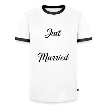 GERADE VERHEIRATET. Junggesellinnenabschied. HEILIGER VALENTIN. LANG LEBE DIE MARIES - Männer Kontrast-T-Shirt - Weiß/Schwarz - Vorne - AI Model Female 172 light (172cm) & AI Model Male 178 dark (178cm)