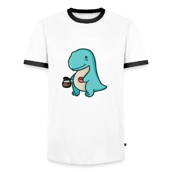hugadino Dino mit Kaffeesucht, süßer Dinosaurier - Männer Kontrast-T-Shirt - Weiß/Schwarz - Vorne - AI Model Female 172 light (172cm) & AI Model Male 178 dark (178cm)