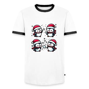 Adorable pingouin père Noël chapeau bataille de boules de neige d’hiver - T-shirt contrasté Homme - blanc/noir - Devant - AI Model Female 172 light (172cm) & AI Model Male 178 dark (178cm)