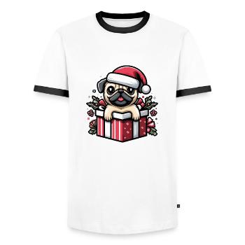 Pug In Present Dog Christmas Festive Santa Hat - Men's Ringer Shirt - white/black - Front - AI Model Female 172 light (172cm) & AI Model Male 178 dark (178cm)