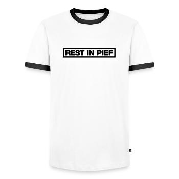 REST IN PIEF (R.I.P.) - Men's Ringer Shirt - white/black - Front - AI Model Female 172 light (172cm) & AI Model Male 178 dark (178cm)