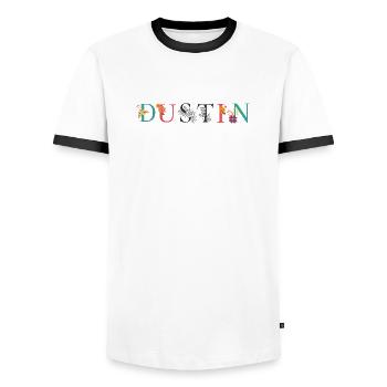 DUSTIN Name Art With Flowers Embroidered - Men's Ringer Shirt - white/black - Front - AI Model Female 172 light (172cm) & AI Model Male 178 dark (178cm)