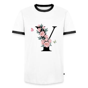 Letter and pink flowers - Men's Ringer Shirt - white/black - Front - AI Model Female 172 light (172cm) & AI Model Male 178 dark (178cm)