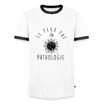 Ich kann nicht, ich habe Pathologie - Männer Kontrast-T-Shirt - Weiß/Schwarz - Vorne - AI Model Female 172 light (172cm) & AI Model Male 178 dark (178cm)