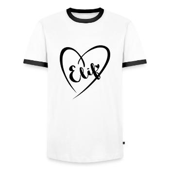 Elif Nom Prénom dans le cadre du coeur - T-shirt contrasté Homme - blanc/noir - Devant - AI Model Female 172 light (172cm) & AI Model Male 178 dark (178cm)