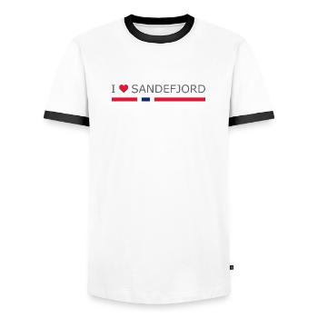 I love Sandefjord - Norway - Norge - Norwegen - Männer Kontrast-T-Shirt - Weiß/Schwarz - Vorne - AI Model Female 172 light (172cm) & AI Model Male 178 dark (178cm)