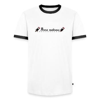 MAÎTRESSE. MAITRE. MERCI. MERCI MAÎTRESSE. MAITRES - T-shirt contrasté Homme - blanc/noir - Devant - AI Model Female 172 light (172cm) & AI Model Male 178 dark (178cm)