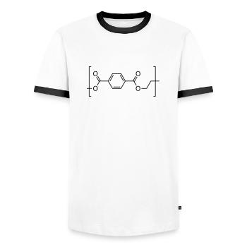 Polyethylenterephthalat (PET) -Molekül. - Männer Kontrast-T-Shirt - Weiß/Schwarz - Vorne - AI Model Female 172 light (172cm) & AI Model Male 178 dark (178cm)
