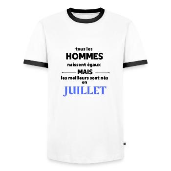 tout les hommes naissent égaux juillet - T-shirt contrasté Homme - blanc/noir - Devant - AI Model Female 172 light (172cm) & AI Model Male 178 dark (178cm)
