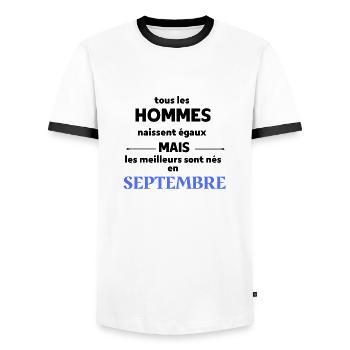 tout les hommes naissent égaux septembre - T-shirt contrasté Homme - blanc/noir - Devant - AI Model Female 172 light (172cm) & AI Model Male 178 dark (178cm)