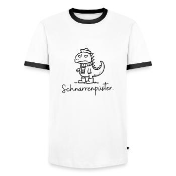 Plattdeutsche Schimpfwörter Dino "Schnarrenpüster" - Männer Kontrast-T-Shirt - Weiß/Schwarz - Vorne - AI Model Female 172 light (172cm) & AI Model Male 178 dark (178cm)