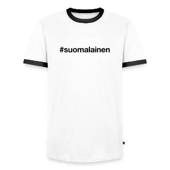SUOMALAINEN Hashtag I'm Finn Finland - Men's Ringer Shirt - white/black - Front - AI Model Female 172 light (172cm) & AI Model Male 178 dark (178cm)