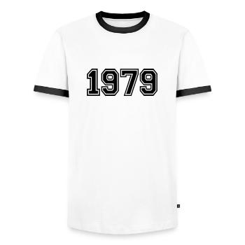 1979 - Männer Kontrast-T-Shirt - Weiß/Schwarz - Vorne - AI Model Female 172 light (172cm) & AI Model Male 178 dark (178cm)