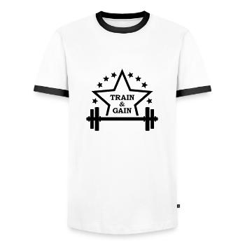 Train + gain Dumbbell weights Squat workout icon - Men's Ringer Shirt - white/black - Front - AI Model Female 172 light (172cm) & AI Model Male 178 dark (178cm)