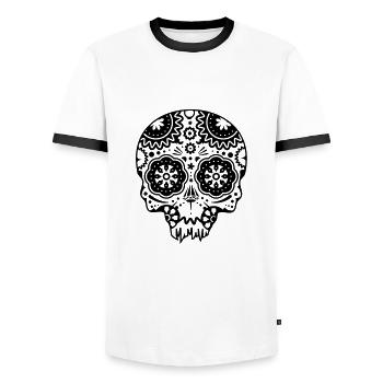 Skull with different ornaments in the style of the - Men's Ringer Shirt - white/black - Front - AI Model Female 172 light (172cm) & AI Model Male 178 dark (178cm)