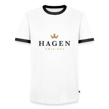Hagen Original Family Logo - Men's Ringer Shirt - white/black - Front - AI Model Female 172 light (172cm) & AI Model Male 178 dark (178cm)
