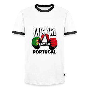 Portugal Drapeau utilisé Look Drapeau portugais - T-shirt contrasté Homme - blanc/noir - Devant - AI Model Female 172 light (172cm) & AI Model Male 178 dark (178cm)