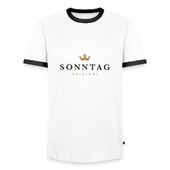 Logo original de la famille Sunday - T-shirt contrasté Homme - blanc/noir - Devant - AI Model Female 172 light (172cm) & AI Model Male 178 dark (178cm)