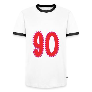 90. 90 JAHRE. 90. JAHRESTAG. 90-JÄHRIGES JUBILÄUM. - Männer Kontrast-T-Shirt - Weiß/Schwarz - Vorne - AI Model Female 172 light (172cm) & AI Model Male 178 dark (178cm)
