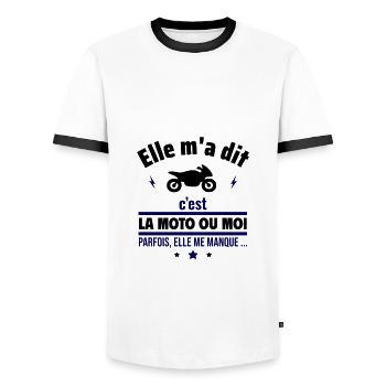Elle m'a dit c'est la moto ou moi.Motard - T-shirt contrasté Homme - blanc/noir - Devant - AI Model Female 172 light (172cm) & AI Model Male 178 dark (178cm)