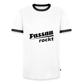 Passau rockt - Textdesign mit Stadtnamen - Männer Kontrast-T-Shirt - Weiß/Schwarz - Vorne - AI Model Female 172 light (172cm) & AI Model Male 178 dark (178cm)