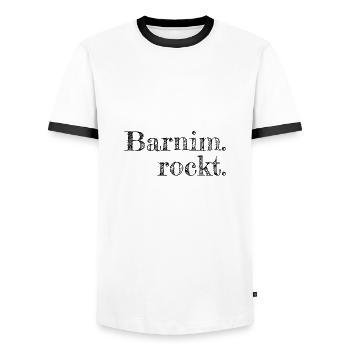 Barnim rockt - Textdesign mit Stadtnamen - Männer Kontrast-T-Shirt - Weiß/Schwarz - Vorne - AI Model Female 172 light (172cm) & AI Model Male 178 dark (178cm)