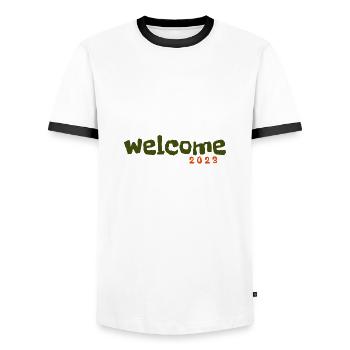 Welcome to 2023 font design street fashion - Männer Kontrast-T-Shirt - Weiß/Schwarz - Vorne - AI Model Female 172 light (172cm) & AI Model Male 178 dark (178cm)