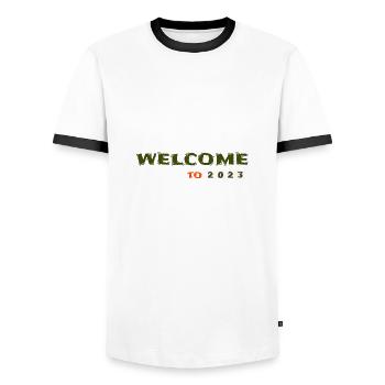 Welcome to 2023 font design street fashion - Männer Kontrast-T-Shirt - Weiß/Schwarz - Vorne - AI Model Female 172 light (172cm) & AI Model Male 178 dark (178cm)