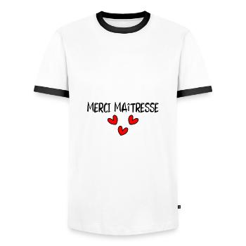 MISTRESS. THANK YOU. THANK YOU MISTRESS. GIFT - Men's Ringer Shirt - white/black - Front - AI Model Female 172 light (172cm) & AI Model Male 178 dark (178cm)