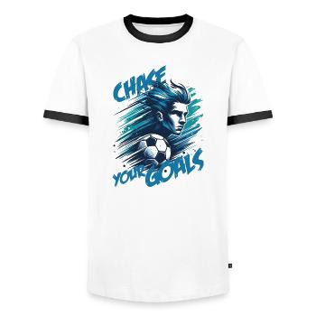 Künstlerische Fußballillustration: Verfolge deine Ziele! - Männer Kontrast-T-Shirt - Weiß/Schwarz - Vorne - AI Model Female 172 light (172cm) & AI Model Male 178 dark (178cm)