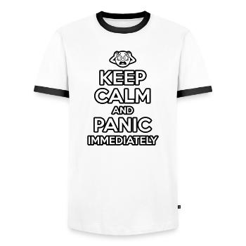 Panic Immediately - Funny Sarcastic Meme - Men's Ringer Shirt - white/black - Front - AI Model Female 172 light (172cm) & AI Model Male 178 dark (178cm)