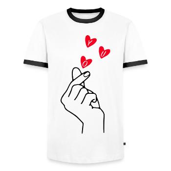 Finger Heart Love Minimal Line Art Design - Men's Ringer Shirt - white/black - Front - AI Model Female 172 light (172cm) & AI Model Male 178 dark (178cm)