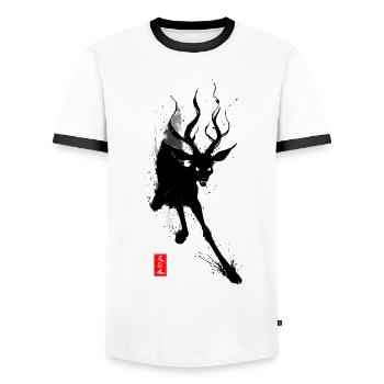 YOKAI SHIKA – Demon Deer Japanese Ink - Men's Ringer Shirt - white/black - Front - AI Model Female 172 light (172cm) & AI Model Male 178 dark (178cm)