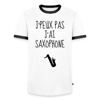 Saxophone Saxophoniste Musique Musicien Concert - T-shirt contrasté Homme - blanc/noir - Devant - AI Model Female 172 light (172cm) & AI Model Male 178 dark (178cm)