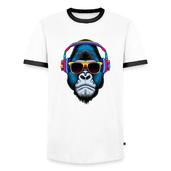 Eye-catcher gorilla with headphones and sunglasses - Men's Ringer Shirt - white/black - Front - AI Model Female 172 light (172cm) & AI Model Male 178 dark (178cm)