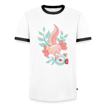 Axolotl mit Flaschenpost - Männer Kontrast-T-Shirt - Weiß/Schwarz - Vorne - AI Model Female 172 light (172cm) & AI Model Male 178 dark (178cm)