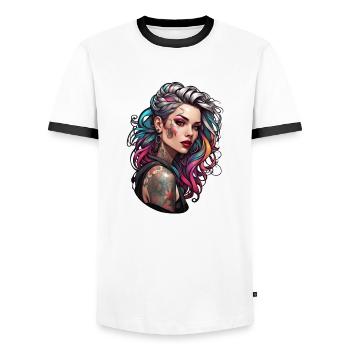 Rocker Girl / Punk Rock / Woman / Colorful Hair / Cool - Men's Ringer Shirt - white/black - Front - AI Model Female 172 light (172cm) & AI Model Male 178 dark (178cm)