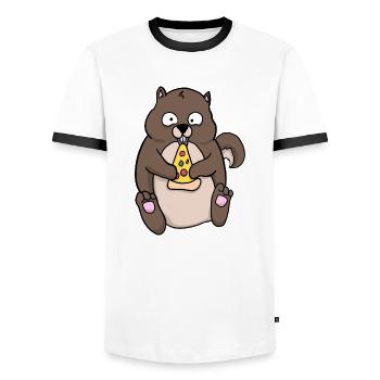 Fat Squirrel Eating Pizza Funny Comic Style - Men's Ringer Shirt - white/black - Front - AI Model Female 172 light (172cm) & AI Model Male 178 dark (178cm)