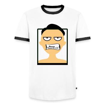 A man who asks for peace in the world - Men's Ringer Shirt - white/black - Front - AI Model Female 172 light (172cm) & AI Model Male 178 dark (178cm)