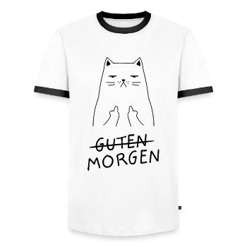 Guten Morgen - Katze Mittelfinger Morgenmuffel - Männer Kontrast-T-Shirt - Weiß/Schwarz - Vorne - AI Model Female 172 light (172cm) & AI Model Male 178 dark (178cm)