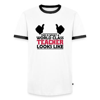 world class teacher - Men's Ringer Shirt - white/black - Front - AI Model Female 172 light (172cm) & AI Model Male 178 dark (178cm)