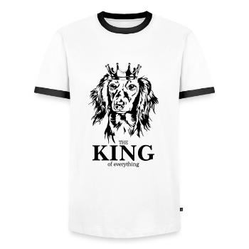 Long-haired Dachshund King of everything Saying Dogs - Men's Ringer Shirt - white/black - Front - AI Model Female 172 light (172cm) & AI Model Male 178 dark (178cm)