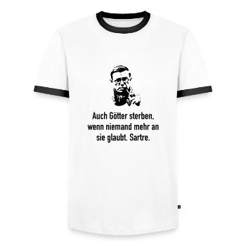 Sartre: Auch Götter sterben, wenn niemand mehr an - Männer Kontrast-T-Shirt - Weiß/Schwarz - Vorne - AI Model Female 172 light (172cm) & AI Model Male 178 dark (178cm)