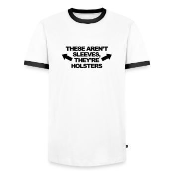 These Aren't Sleeves, They're Holsters - Männer Kontrast-T-Shirt - Weiß/Schwarz - Vorne - AI Model Female 172 light (172cm) & AI Model Male 178 dark (178cm)