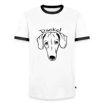 Dackel mit Schriftzug - Männer Kontrast-T-Shirt - Weiß/Schwarz - Vorne - AI Model Female 172 light (172cm) & AI Model Male 178 dark (178cm)